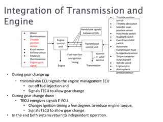 Fuel injection
andignition
timing
 Throttleposition
sensor
 Throttle idleswitch
 Selector lever
positionsensor
 Hold mode switch
 Stoplightswitch
 Overdrive inhibit
switch
 Automatic
transmission fluid
temperaturesensor
 Torqueconverter
outputspeed
 Vehicle speed
 Enginer.p.m.
 Atmospheric
pressuresensor
Engine
control
unit
Solenoi
d valve
control
Handshake signals
betweenECUs
Transmission
controlunit
 Water
thermosensor
 Throttle
position
sensor
 Knock sensor
 Airflowsensor
 Intake air
thermosensor
 Enginer.p.m.
signal Engine Transmission
• During gear change up
• transmission ECU signals the engine management ECU
• cut off fuel injection and
• Signals TECU to allow gear change
• During gear change down
• TECU energizes signals E-ECU
• Changes ignition timing a few degrees to reduce engine torque,
• Signals TECU to allow gear change
• In the end both systems return to independent operation.
 
