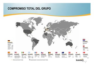 COMPROMISO TOTAL DEL GRUPO

Alemania
Stuttgart
Múnich
Coblenza
Wurzburg
Bremen

Países Bajos
2013
1995
2008
2011
2011
2012

España
Valencia 2004

Suiza
Baden

Estados Unidos
Nueva Jersey 2005
California 2013

Italia
Turín 2006
Bolonia 2009

Oficina de Krannich Solar

Grecia
Tesalónica 2007
Atenas
2009

Francia
Lyon
2008

República Checa

Bélgica

Brno 2009

Gante 2010

Reino Unido
Reading 2010

Australia
Melbourne 2012

Austria
Wels

2012

Japón
Nagoya

2013

2013

Dinamarca
Tommerup
2013

Representación comercial de Krannich Solar

3

 