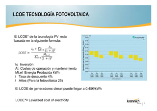 LCOE TECNOLOGÍA FOTOVOLTAICA

El LCOE* de la tecnología FV esta
basada en la siguiente formula:

Io Inversión
At Costes de operación y mantenimiento
Mt,el Energia Producida kWh
i Tasa de descuento 4%
t Años (Para la fotovoltaica 25)
El LCOE de generadores diesel puede llegar a 0,45€/kWh
LCOE*= Levelized cost of electricity
9

 