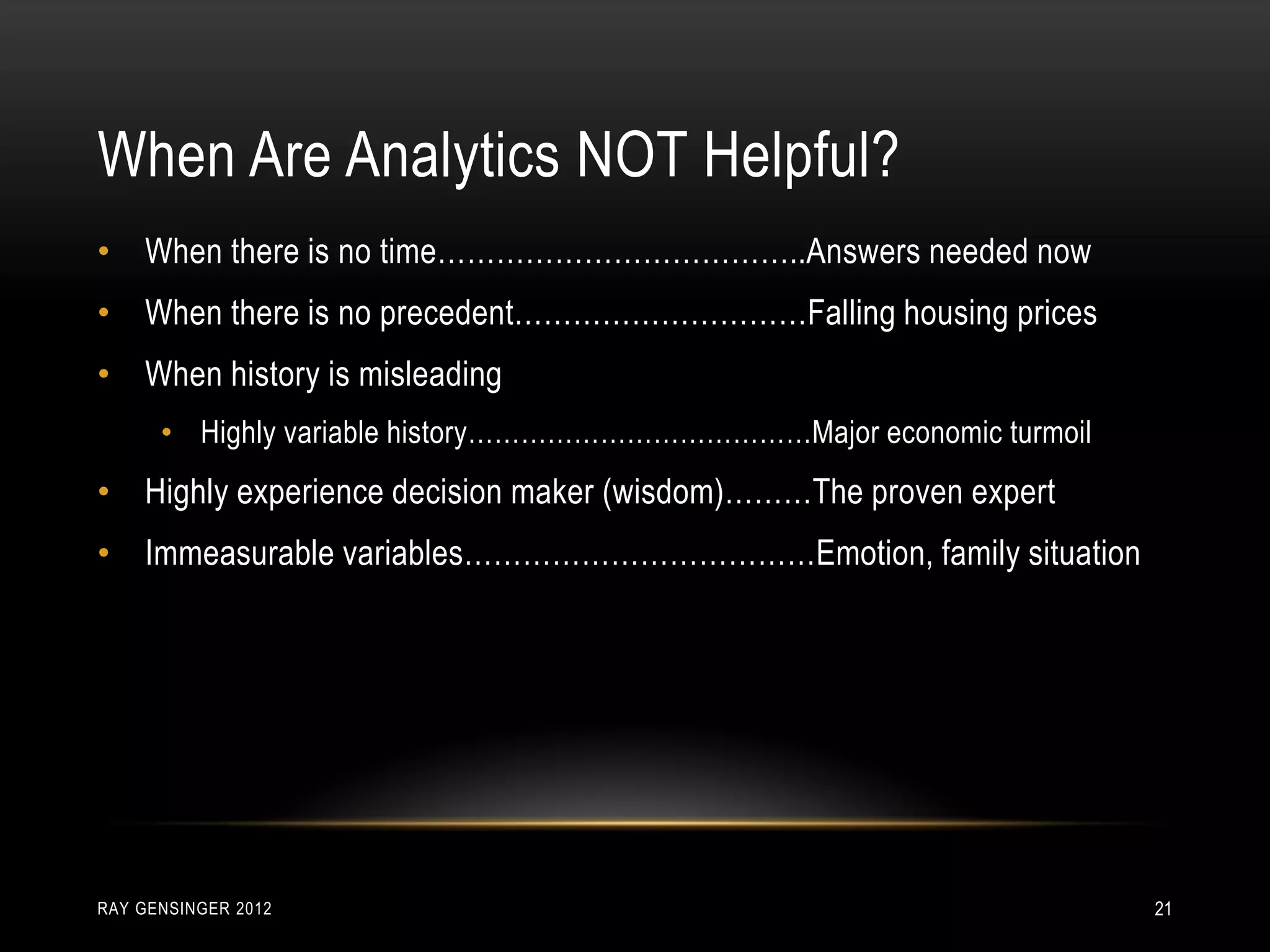 When Are Analytics NOT Helpful?
RAY GENSINGER 2012 21
• When there is no time………………………………..Answers needed now
• When there is no precedent…………………………Falling housing prices
• When history is misleading
• Highly variable history…………………………………Major economic turmoil
• Highly experience decision maker (wisdom)………The proven expert
• Immeasurable variables………………………………Emotion, family situation
 