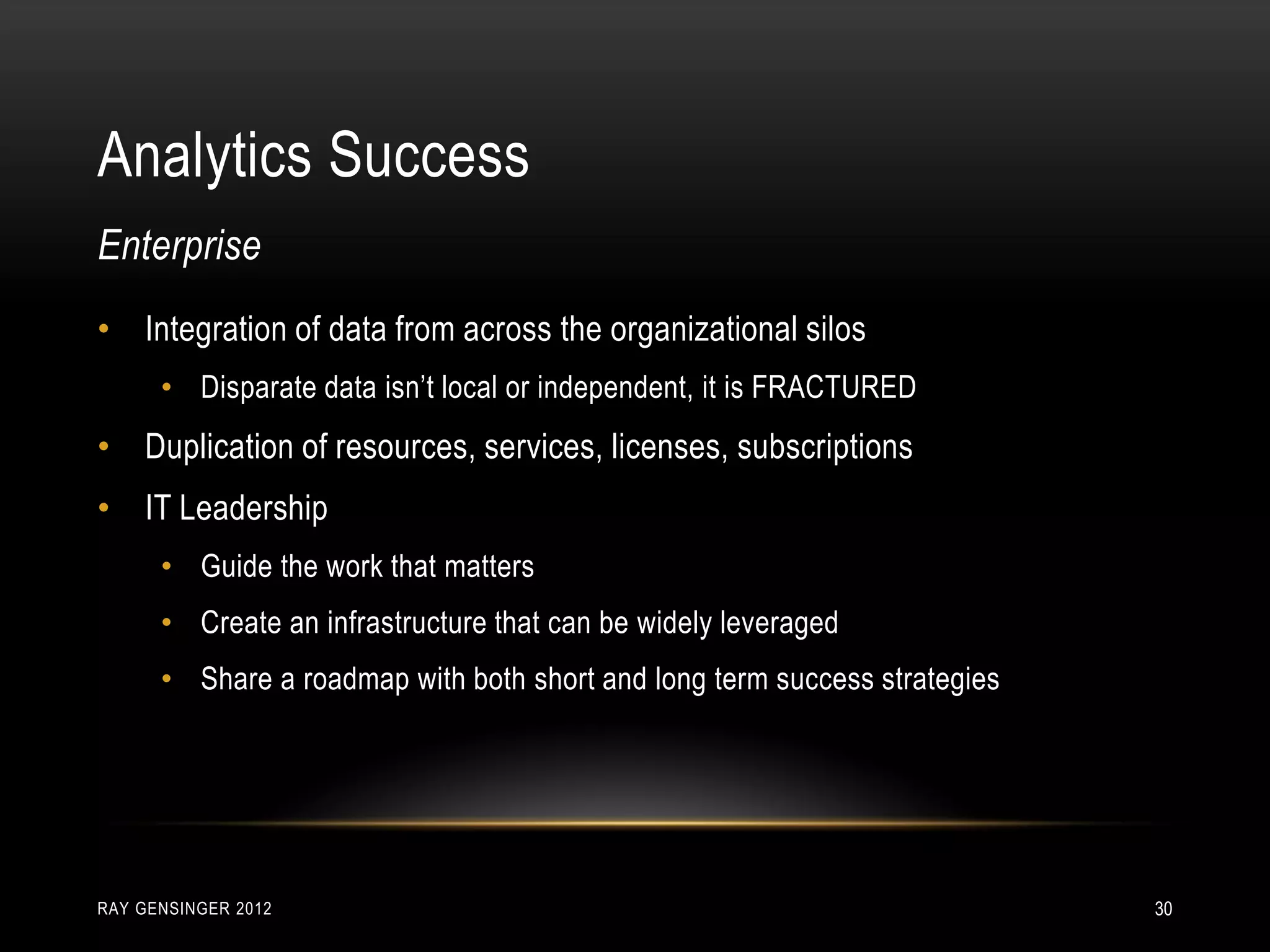Analytics Success
RAY GENSINGER 2012 30
• Integration of data from across the organizational silos
• Disparate data isn’t local or independent, it is FRACTURED
• Duplication of resources, services, licenses, subscriptions
• IT Leadership
• Guide the work that matters
• Create an infrastructure that can be widely leveraged
• Share a roadmap with both short and long term success strategies
Enterprise
 