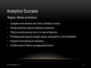 Analytics Success
RAY GENSINGER 2012 33
• Complex work streams with many variables or steps
• Simple decisions require absolute consistency
• When an entire service line is in need of attention
• Processes that require complex inputs, connections, and correlations
• Anywhere forecasting is necessary
• Current areas of below average performance
Targets: Where to Achieve
 