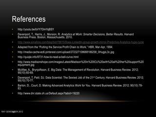 References
• http://youtu.be/bVY7OmYqBSY
• Davenport, T., Harris, J., Morsion, R. Analytics at Work: Smarter Decisions, Better Results. Harvard
Business Press. Boston, Massachusetts. 2010.
• http://www.simafore.com/blog/bid/78815/Does-LinkedIn-group-growth-mirror-Predictive-Analytics-hype-cycle
• Adapted from the “Putting the Service Profit Chain to Work,” HBR, Mar-Apr, 1994.
• http://media-cache-ec6.pinterest.com/upload/272327108688186258_0HugpL3c.jpg
• http://quiqle.info/8731-how-to-read-a-bell-curve.html
• http://www.madisonshope.com/images/Latest/Madison%20in%20ICU%20with%20all%20her%20support%20
equipment.jpg
• McAfee, A., Brynjolfsson, E. Big Data: The Management of Revolution. Harvard Business Review. 2012;
90(10):60-69.
• Davenport, T, Patil, DJ. Data Scientist: The Sexiest Job of the 21st Century. Harvard Business Review. 2012;
90(10):70-77.
• Barton, D., Court, D. Making Advanced Analytics Work for You. Harvard Business Review. 2012; 90(10):78-
83.
• http://www.dnr.state.oh.us/Default.aspx?tabid=19220
47RAY GENSINGER 2012
 