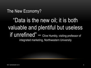 The New Economy?
RAY GENSINGER 2012 6
“Data is the new oil; it is both
valuable and plentiful but useless
if unrefined” – Clive Humbly, visiting professor of
integrated marketing, Northwestern University
 