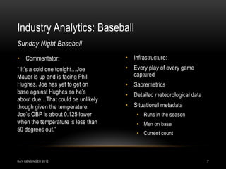 Industry Analytics: Baseball
RAY GENSINGER 2012 7
• Commentator:
“ It’s a cold one tonight…Joe
Mauer is up and is facing Phil
Hughes. Joe has yet to get on
base against Hughes so he’s
about due…That could be unlikely
though given the temperature.
Joe’s OBP is about 0.125 lower
when the temperature is less than
50 degrees out.”
Sunday Night Baseball
• Infrastructure:
• Every play of every game
captured
• Sabremetrics
• Detailed meteorological data
• Situational metadata
• Runs in the season
• Men on base
• Current count
 