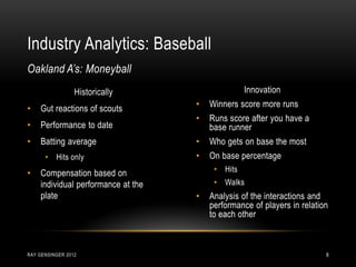 Industry Analytics: Baseball
RAY GENSINGER 2012 8
Historically
• Gut reactions of scouts
• Performance to date
• Batting average
• Hits only
• Compensation based on
individual performance at the
plate
Oakland A’s: Moneyball
Innovation
• Winners score more runs
• Runs score after you have a
base runner
• Who gets on base the most
• On base percentage
• Hits
• Walks
• Analysis of the interactions and
performance of players in relation
to each other
 