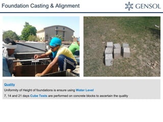 Foundation Casting & Alignment 
Quality 
Uniformity of Height of foundations is ensure using Water Level 
7, 14 and 21 days Cube Tests are performed on concrete blocks to ascertain the quality 
 