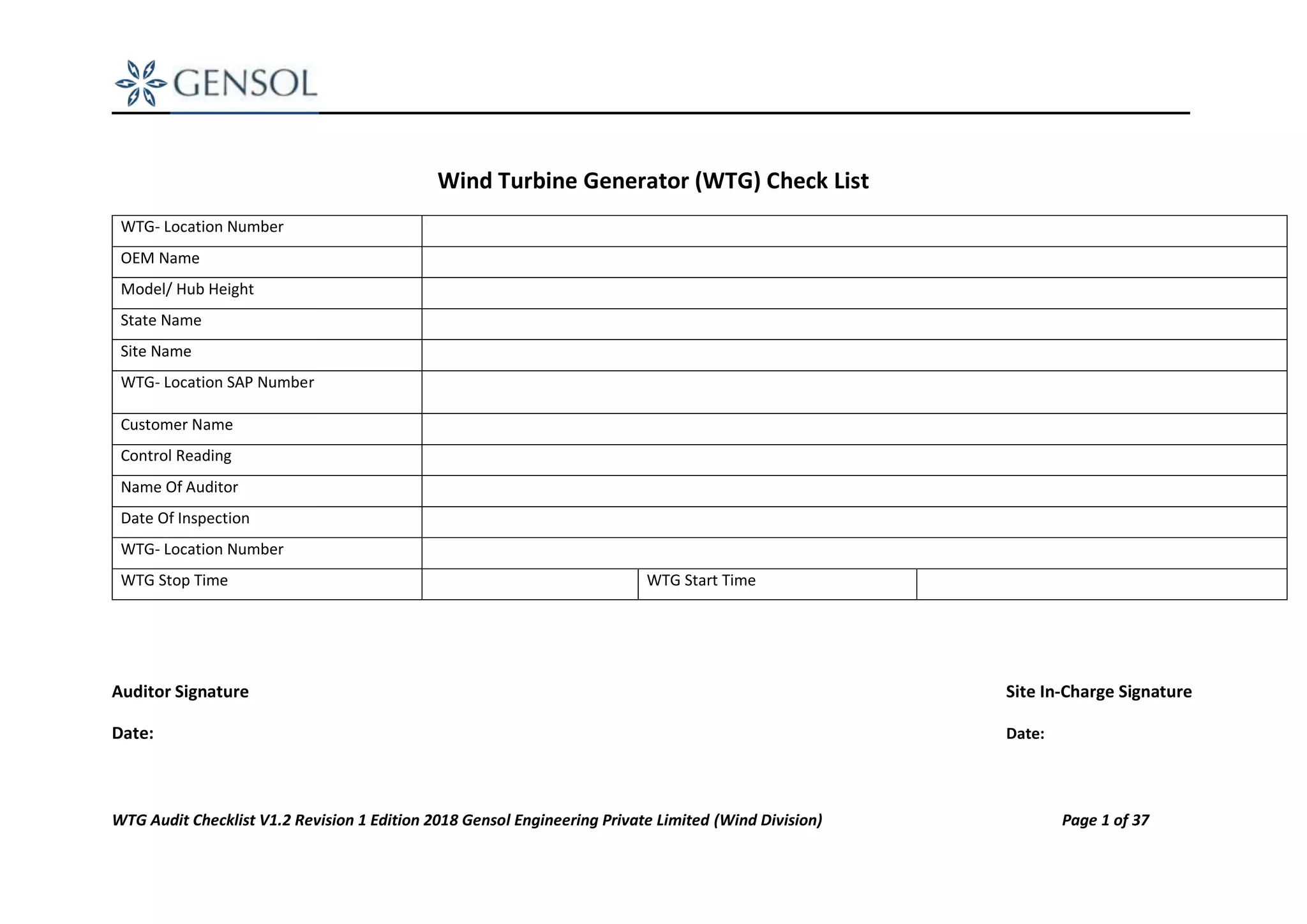 Wind Turbine Generator (WTG) Audit Checklist by Gensol - 16.06.18