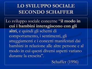 LO SVILUPPO SOCIALELO SVILUPPO SOCIALE
SECONDO SCHAFFERSECONDO SCHAFFER
Lo sviluppo sociale concerne “Lo sviluppo sociale concerne “il modo inil modo in
cui i bambini interagiscono con glicui i bambini interagiscono con gli
altrialtri, e quindi gli schemi di, e quindi gli schemi di
comportamento, i sentimenti, glicomportamento, i sentimenti, gli
atteggiamenti e i concetti manifestati daiatteggiamenti e i concetti manifestati dai
bambini in relazione alle altre persone e albambini in relazione alle altre persone e al
modo in cui questi diversi aspetti varianomodo in cui questi diversi aspetti variano
durante la crescita”.durante la crescita”.
Schaffer (1996)Schaffer (1996)
 