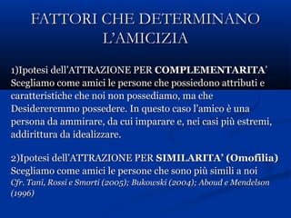 FATTORI CHE DETERMINANOFATTORI CHE DETERMINANO
L’AMICIZIAL’AMICIZIA
1)Ipotesi dell’ATTRAZIONE PER1)Ipotesi dell’ATTRAZIONE PER COMPLEMENTARITACOMPLEMENTARITA’’
Scegliamo come amici le persone che possiedono attributi eScegliamo come amici le persone che possiedono attributi e
caratteristiche che noi non possediamo, ma checaratteristiche che noi non possediamo, ma che
Desidereremmo possedere. In questo caso l’amico è unaDesidereremmo possedere. In questo caso l’amico è una
persona da ammirare, da cui imparare e, nei casi più estremi,persona da ammirare, da cui imparare e, nei casi più estremi,
addirittura da idealizzare.addirittura da idealizzare.
2)Ipotesi dell’ATTRAZIONE PER2)Ipotesi dell’ATTRAZIONE PER SIMILARITA’ (Omofilia)SIMILARITA’ (Omofilia)
Scegliamo come amici le persone che sono più simili a noiScegliamo come amici le persone che sono più simili a noi
Cfr. Tani, Rossi e Smorti (2005); Bukowski (2004); Aboud e MendelsonCfr. Tani, Rossi e Smorti (2005); Bukowski (2004); Aboud e Mendelson
(1996)(1996)
 