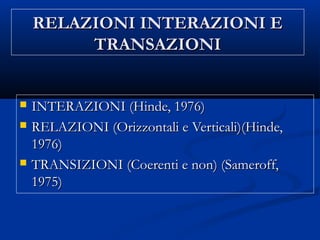 RELAZIONI INTERAZIONI ERELAZIONI INTERAZIONI E
TRANSAZIONITRANSAZIONI
 INTERAZIONI (Hinde, 1976)INTERAZIONI (Hinde, 1976)
 RELAZIONI (Orizzontali e Verticali)(Hinde,RELAZIONI (Orizzontali e Verticali)(Hinde,
1976)1976)
 TRANSIZIONI (Coerenti e non) (Sameroff,TRANSIZIONI (Coerenti e non) (Sameroff,
1975)1975)
 