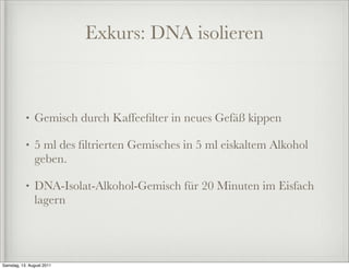 Exkurs: DNA isolieren



           •   Gemisch durch Kaffeeﬁlter in neues Gefäß kippen

           •   5 ml des ﬁltrierten Gemisches in 5 ml eiskaltem Alkohol
               geben.

           •   DNA-Isolat-Alkohol-Gemisch für 20 Minuten im Eisfach
               lagern




Samstag, 13. August 2011
 