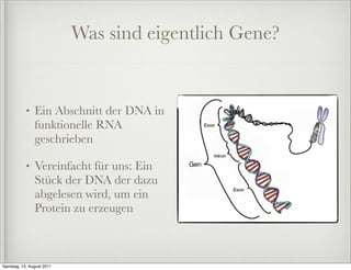 Was sind eigentlich Gene?


           •   Ein Abschnitt der DNA in
               funktionelle RNA
               geschrieben

           •   Vereinfacht für uns: Ein
               Stück der DNA der dazu
               abgelesen wird, um ein
               Protein zu erzeugen



Samstag, 13. August 2011
 