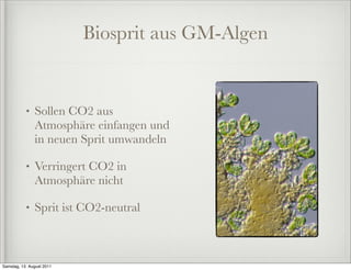 Biosprit aus GM-Algen


           •   Sollen CO2 aus
               Atmosphäre einfangen und
               in neuen Sprit umwandeln

           •   Verringert CO2 in
               Atmosphäre nicht

           •   Sprit ist CO2-neutral



Samstag, 13. August 2011
 