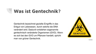 Was ist Gentechnik?
Gentechnik bezeichnet gezielte Eingriffe in das
Erbgut von Lebewesen, durch welche die DNA
verändert wird. Dadurch entstehen sogenannte
gentechnisch veränderte Organismen (GVO). Wenn
es sich bei den GVO um Pflanzen handelt, spricht
man von grüner Gentechnik.
 