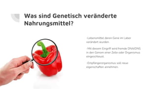 Was sind Genetisch veränderte
Nahrungsmittel?
-Lebensmittel deren Gene im Labor
verändert wurden.
-Mit diesem Eingriff wird fremde DNA/DNS
in den Genom einer Zelle oder Organismus
eingeschleust.
-Empfängerorganismus soll neue
eigenschaften annehmen.
 