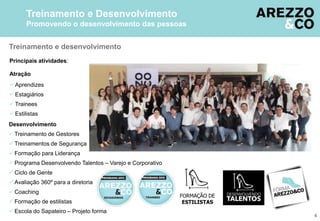 4
Treinamento e desenvolvimento
Principais atividades:
Atração
 Aprendizes
 Estagiários
 Trainees
 Estilistas
Desenvolvimento
 Treinamento de Gestores
 Treinamentos de Segurança
 Formação para Liderança
 Programa Desenvolvendo Talentos – Varejo e Corporativo
 Ciclo de Gente
 Avaliação 360º para a diretoria
 Coaching
 Formação de estilistas
 Escola do Sapateiro – Projeto forma
Treinamento e Desenvolvimento
Promovendo o desenvolvimento das pessoas
 