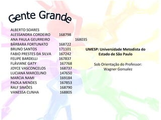 Gente Grande UMESP: Universidade Metodista do Estado de São Paulo ALBERTO SOARES ALESSANDRA CORDEIRO 168798 ANA PAULA GEURREIRO  168035 BÁRBARA FORTUNATO 168722 BRUNO SANTOS   171101 FABIO PRESTES DA SILVA 167242 FELIPE BARDELLI 167837 FLÁVIANE GATY  167768 JOYCE VASCONCELOS  168737 LUCIANA MARCELINO  147650 MARCIA NAMI  169184 PAOLA MENDES  167853 RALF SIMÕES  168790 VANESSA CUNHA  168805 Sob Orientação do Professor: Wagner Gonsalez 