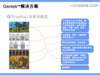 Gentek™解决方案

 GGraphic-场景和模型
                  工业级SceneGraph体系，融
                  合多种高效室内外空间算法。
                  不仅适用游戏，也可应用在
                  建筑、军事、勘探、教育、
                  医学等VR领域

                  支持骨骼、矩阵、关键帧等
                  多种动画方式

                  高度自由的换装、换色系统

                  无缝地图，且室内和室外通过高效
                  Portal无缝连接

                  可快速创建大规模、茂盛的
                  自然景观，类似speedtree高
                  效的动态花草及高级快照
                  LOD算法等技术

                  高级模型
 