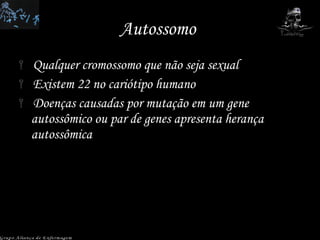 Autossomo  Qualquer cromossomo que não seja sexual Existem 22 no cariótipo humano Doenças causadas por mutação em um gene autossômico ou par de genes apresenta herança autossômica Grupo Aliança de Enfermagem 