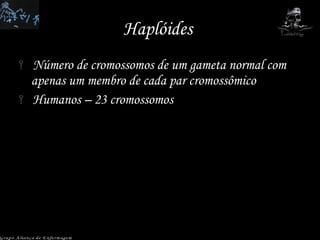 Haplóides  Número de cromossomos de um gameta normal com apenas um membro de cada par cromossômico Humanos – 23 cromossomos Grupo Aliança de Enfermagem 
