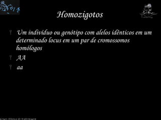 Homozigotos  Um indivíduo ou genótipo com alelos idênticos em um determinado locus em um par de cromossomos homólogos AA aa Grupo Aliança de Enfermagem 