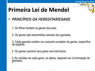 Introdução à Genética




Primeira Lei de Mendel
• PRINCÍPIOS DA HEREDITARIEDADE

     1. Os filhos herdam os genes dos pais.

     2. Os genes são transmitidos através dos gametas.

     3. Cada gameta contém um conjunto completo de genes, específico
     da espécie.

     4. Os genes ocorrem aos pares nos indivíduos.

     5. As versões de cada gene, os alelos, separam-se na formação de
     gametas.

Ciências – 8º ano Ens. Fundamental   3º Bimestre              Profa. Rebeca Vale
 