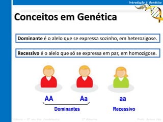 Introdução à Genética




Conceitos em Genética
   Dominante é o alelo que se expressa sozinho, em heterozigose.

   Recessivo é o alelo que só se expressa em par, em homozigose.




                       AA                  Aa              aa
                              Dominantes                 Recessivo
Ciências – 8º ano Ens. Fundamental         3º Bimestre               Profa. Rebeca Vale
 