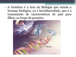 • A Genética é a área da Biologia que estuda a
  herança biológica, ou a hereditariedade, que é a
  transmissão de características de pais para
  filhos, ao longo da gerações.
 