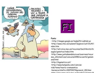 FI Fonts : http://images.google.es/imghp?hl=ca&tab=wi http://www.xtec.es/aulanet/seglexx/cat/C1U4/index.htm http://w3.cnice.mec.es/recursos/bachillerato/bioygeo/genetica/index.htm http://www.juntadeandalucia.es/averroes/recursos_informaticos/concurso1998/accesit6/genemend.html http://lagenetica.cat/ http://www.kalipedia.com/ciencias-vida/tema/teoria-cromosomica herencia.html?x=20070417klpcnavid_283.Kes http://recursos.cnice.mec.es/biosfera/alumno/4ESO/genetica1/index.htm 