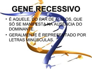 GENE RECESSIVO
• É AQUELE, DO PAR DE ALELOS, QUE
  SÓ SE MANIFESTA NA AUSÊNCIA DO
  DOMINANTE.
• GERALMENTE É REPRESENTADO POR
  LETRAS MINÚSCULAS.
 
