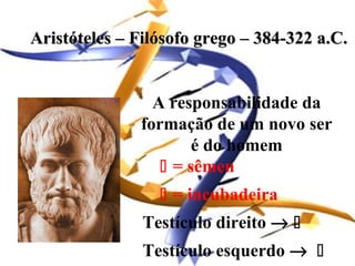 Aristóteles – Filósofo grego – 384-322 a.C.


                A responsabilidade da
              formação de um novo ser
                      é do homem
                  = sêmen
                  = incubadeira
               Testículo direito → 
               Testículo esquerdo → 
 