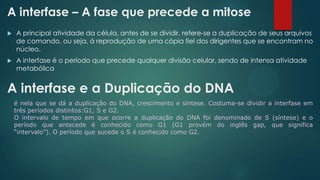 A interfase – A fase que precede a mitose
 A principal atividade da célula, antes de se dividir, refere-se a duplicação de seus arquivos
de comando, ou seja, à reprodução de uma cópia fiel dos dirigentes que se encontram no
núcleo.
 A interfase é o período que precede qualquer divisão celular, sendo de intensa atividade
metabólica
A interfase e a Duplicação do DNA
é nela que se dá a duplicação do DNA, crescimento e síntese. Costuma-se dividir a interfase em
três períodos distintos:G1, S e G2.
O intervalo de tempo em que ocorre a duplicação do DNA foi denominado de S (síntese) e o
período que antecede é conhecido como G1 (G1 provém do inglês gap, que significa
“intervalo”). O período que sucede o S é conhecido como G2.
 