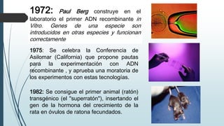 1972: Paul Berg construye en el
laboratorio el primer ADN recombinante in
Vitro. Genes de una especie son
introducidos en otras especies y funcionan
correctamente
1975: Se celebra la Conferencia de
Asilomar (California) que propone pautas
para la experimentación con ADN
recombinante , y aprueba una moratoria de
los experimentos con estas tecnologías.
1982: Se consigue el primer animal (ratón)
transgénico (el "superratón"), insertando el
gen de la hormona del crecimiento de la
rata en óvulos de ratona fecundados.
 