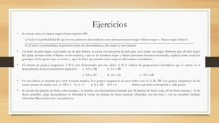 Ejercicios
• Se cruzan entre sí cobayas negros heterocigóticos Bb.
a) Cuál es la probabilidad de que los tres primeros descendientes sean alternativamente negro-blanco-negro o blanco-negro blanco?
b) ¿Cuál es la probabilidad de producir entre tres descendientes, dos negros y uno blanco?
• Un perro de pelo negro, cuyo padre era de pelo blanco, se cruza con una perra de pelo gris, cuya madre era negra. Sabiendo que el color negro
del pelaje domina sobre el blanco en los machos, y que en las hembras negro y blanco presentan herencia intermedia, explicar cómo serán los
genotipos de los perros que se cruzan y tipos de hijos que pueden tener respecto del carácter considerado
• El sistema de grupos sanguíneos A B 0, está determinado por tres alelos A, B, 0. Indicar las proporciones fenotípicas que se espera en la
descendencia de los cruzamientos siguientes: a. AA x AB b. AA x B0
c. AA x A0 d. A0 x A0 e. A0 x AB
• En una clínica se mezclan por error 4 recién nacidos. Los grupos sanguíneos de estos niños son: 0, A, B, AB. Los grupos sanguíneos de las
cuatro parejas de padres son : a) AB x 0 b) A x 0 c) A x AB d) 0 x 0 Indicar qué niño corresponde a cada pareja
• Se cruzan dos plantas de flores color naranja y se obtiene una descendencia formada por 30 plantas de flores rojas, 60 de flores naranja y 30 de
flores amarillas. ¿Qué descendencia se obtendrá al cruzar las plantas de flores naranjas obtenidas, con las rojas y con las amarillas también
obtenidas? Razonar los tres cruzamientos.
 
