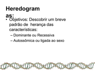 Heredogram
as:
• Objetivos: Descobrir um breve
padrão de herança das
características:
– Dominante ou Recessiva
– Autossômica ou ligada ao sexo
 