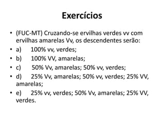 Exercícios
• (FUC-MT) Cruzando-se ervilhas verdes vv com
ervilhas amarelas Vv, os descendentes serão:
• a) 100% vv, verdes;
• b) 100% VV, amarelas;
• c) 50% Vv, amarelas; 50% vv, verdes;
• d) 25% Vv, amarelas; 50% vv, verdes; 25% VV,
amarelas;
• e) 25% vv, verdes; 50% Vv, amarelas; 25% VV,
verdes.
 