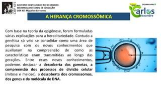 GOVERNO DO ESTADO DO RIO DE JANEIRO
SECRETARIA DE ESTADO DE EDUCAÇÃO
CIEP 415 Miguel de Cervantes
A HERANÇA CROMOSSÔMICA
Com base na teoria da epigênese, foram formuladas
várias explicações para a hereditariedade. Contudo a
genética só veio se consolidar como uma área de
pesquisa com os novos conhecimentos que
auxiliaram na compreensão de como as
características eram transmitidas ao longo das
gerações. Entre esses novos conhecimentos,
podemos destacar a descoberta dos gametas, a
compreensão dos processos de divisão celular
(mitose e meiose), a descoberta dos cromossomos,
dos genes e da molécula de DNA.
 