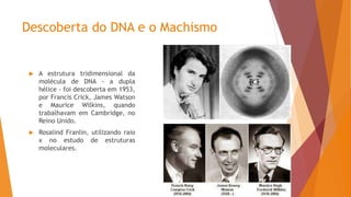 Descoberta do DNA e o Machismo
 A estrutura tridimensional da
molécula de DNA - a dupla
hélice - foi descoberta em 1953,
por Francis Crick, James Watson
e Maurice Wilkins, quando
trabalhavam em Cambridge, no
Reino Unido.
 Rosalind Franlin, utilizando raio
x no estudo de estruturas
moleculares.
 