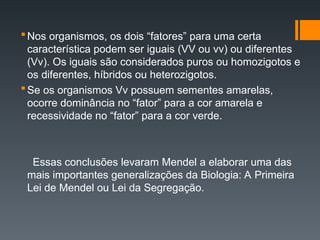Nos organismos, os dois “fatores” para uma certa
característica podem ser iguais (VV ou vv) ou diferentes
(Vv). Os iguais são considerados puros ou homozigotos e
os diferentes, híbridos ou heterozigotos.
Se os organismos Vv possuem sementes amarelas,
ocorre dominância no “fator” para a cor amarela e
recessividade no “fator” para a cor verde.
Essas conclusões levaram Mendel a elaborar uma das
mais importantes generalizações da Biologia: A Primeira
Lei de Mendel ou Lei da Segregação.
 