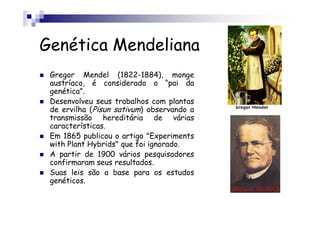 Genética Mendeliana
 Gregor Mendel (1822-1884), monge
 austríaco, é considerado o “pai da
 genética”.
 Desenvolveu seus trabalhos com plantas
 de ervilha (Pisun sativum) observando a
 transmissão hereditária de várias
 características.
 Em 1865 publicou o artigo "Experiments
 with Plant Hybrids" que foi ignorado.
 A partir de 1900 vários pesquisadores
 confirmaram seus resultados.
 Suas leis são a base para os estudos
 genéticos.
 