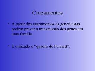 Cruzamentos
• A partir dos cruzamentos os geneticistas
podem prever a transmissão dos genes em
uma família.
• É utilizado o “quadro de Punnett”.
 