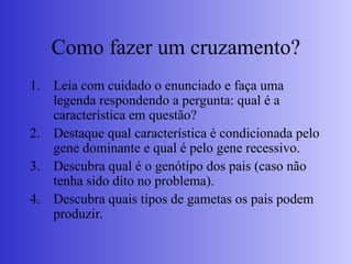 Como fazer um cruzamento?
1. Leia com cuidado o enunciado e faça uma
legenda respondendo a pergunta: qual é a
característica em questão?
2. Destaque qual característica é condicionada pelo
gene dominante e qual é pelo gene recessivo.
3. Descubra qual é o genótipo dos pais (caso não
tenha sido dito no problema).
4. Descubra quais tipos de gametas os pais podem
produzir.
 