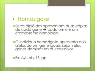 • Homozigose
Seres diplóides apresentam duas cópias
de cada gene → cada um em um
cromossomo homólogo.
O indivíduo homozigoto apresenta dois
alelos de um gene iguais, sejam eles
genes dominantes ou recessivos.
Ex: AA, bb, ZZ, pp....
 