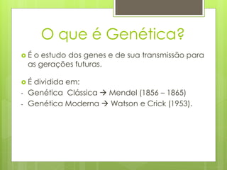 O que é Genética?
 É o estudo dos genes e de sua transmissão para
as gerações futuras.
 É dividida em:
- Genética Clássica → Mendel (1856 – 1865)
- Genética Moderna → Watson e Crick (1953).
 