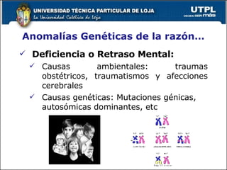 Anomalías Genéticas de la razón…  Deficiencia o Retraso Mental: Causas ambientales: traumas obstétricos, traumatismos y afecciones cerebrales  Causas genéticas: Mutaciones génicas, autosómicas dominantes, etc 