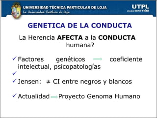 GENETICA DE LA CONDUCTA La Herencia  AFECTA  a la  CONDUCTA  humana? Factores genéticos  coeficiente intelectual, psicopatologías  Jensen:  ≠ CI entre negros y blancos Actualidad  Proyecto Genoma Humano 