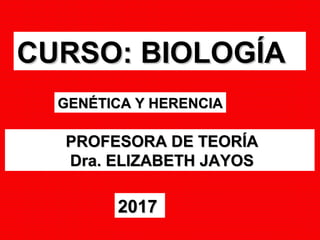 CURSO: BIOLOGÍACURSO: BIOLOGÍA
PROFESORA DE TEORÍAPROFESORA DE TEORÍA
Dra.Dra. ELIZABETH JAYOSELIZABETH JAYOS
20172017
GENÉTICA Y HERENCIAGENÉTICA Y HERENCIA
 
