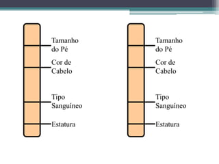 Tamanho
do Pé
Cor de
Cabelo
Tipo
Sanguíneo
Estatura
Tamanho
do Pé
Cor de
Cabelo
Tipo
Sanguíneo
Estatura
 