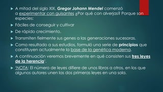  A mitad del siglo XIX, Gregor Johann Mendel comenzó
a experimentar con guisantes ¿Por qué con alverjas? Porque son
especies:
 Fáciles de conseguir y cultivar
 De rápido crecimiento.
 Transmiten fielmente sus genes a las generaciones sucesoras.
 Como resultado a sus estudios, formuló una serie de principios que
constituyen actualmente la base de la genética moderna.
 A continuación veremos brevemente en qué consisten sus tres leyes
de la herencia¹.
 ¹NOTA: El número de leyes difiere de unos libros a otros, en los que
algunos autores unen las dos primeras leyes en una sola.
 
